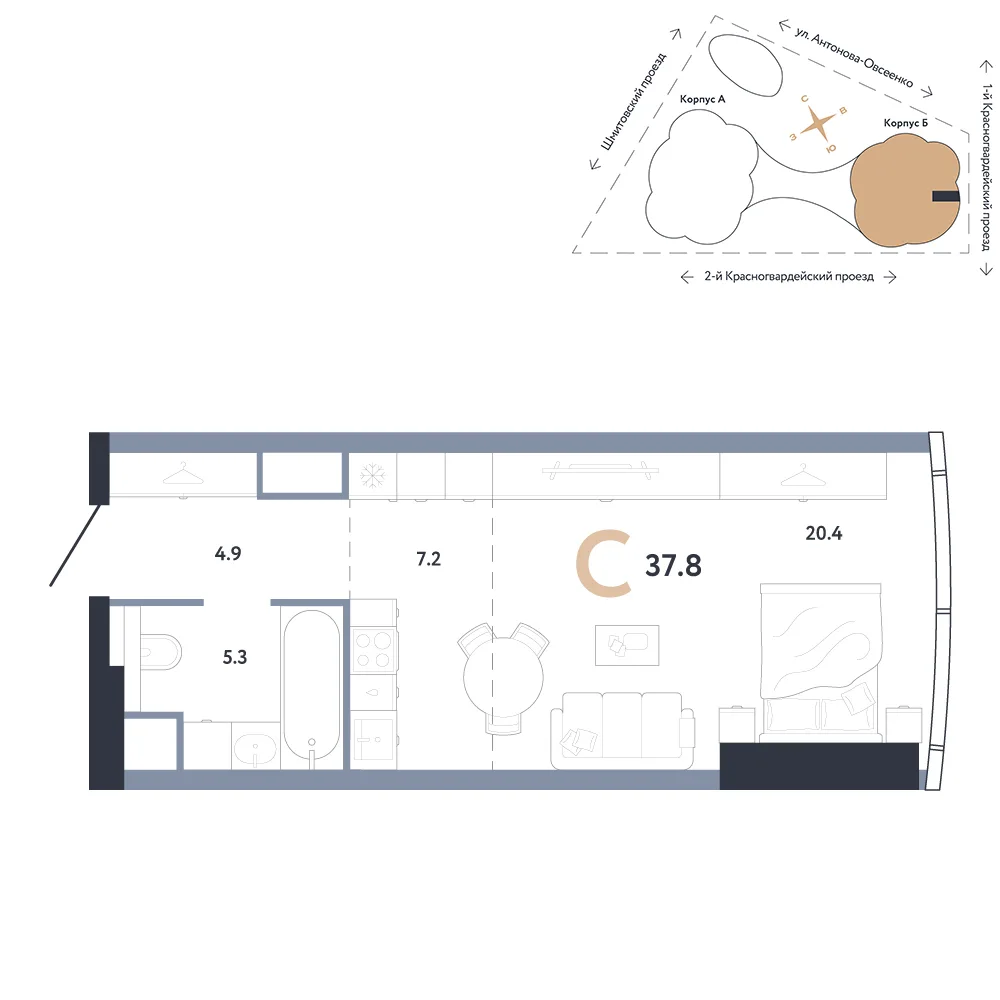 Планировка Студия, 37.8 м² ЖК «АУРУС Резиденции»