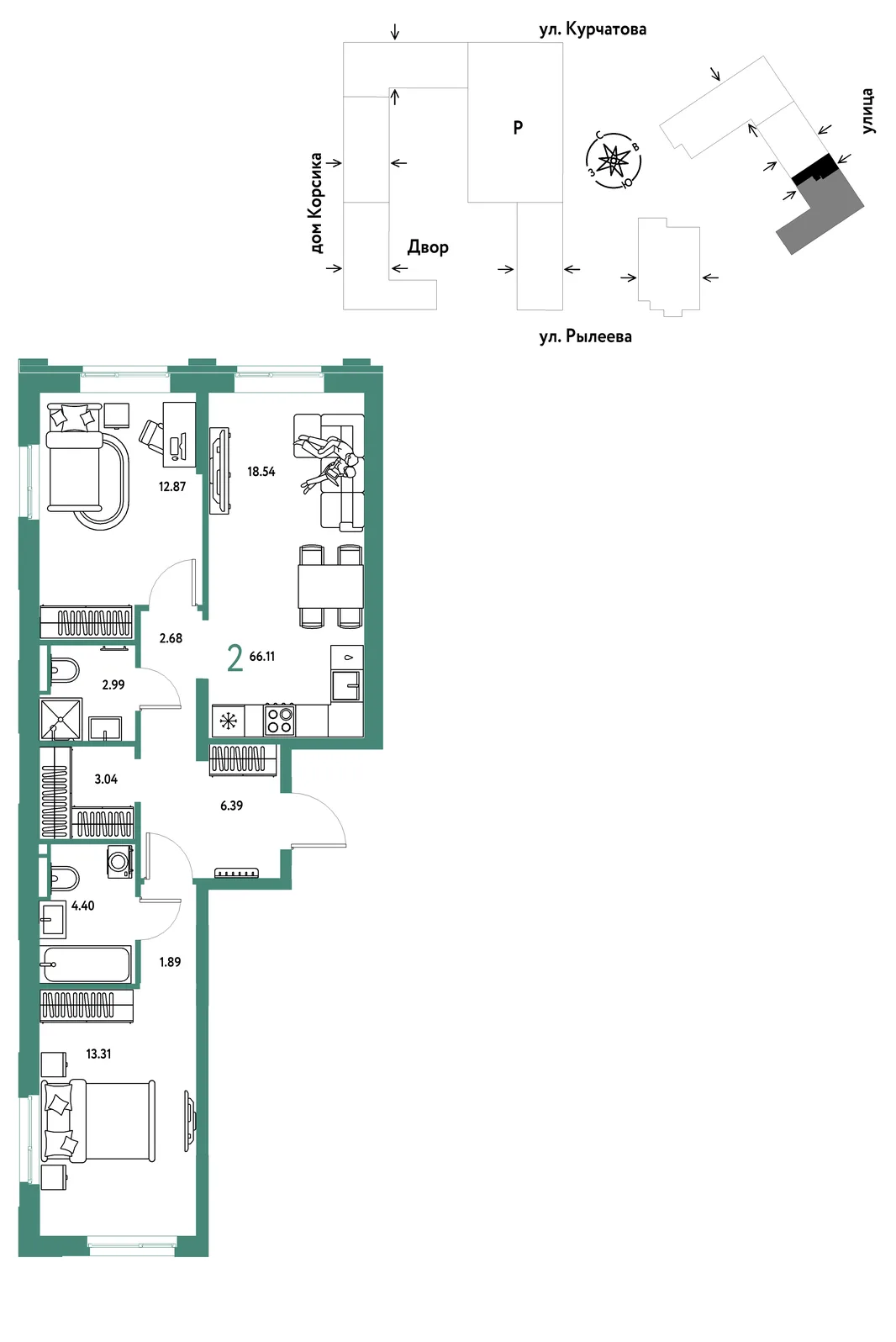 Планировка 2-комн. квартира, 66.55 м² ЖК «Остров-сад»
