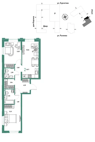 Планировка 2-комн. квартира, 66.55 м² ЖК «Остров-сад»