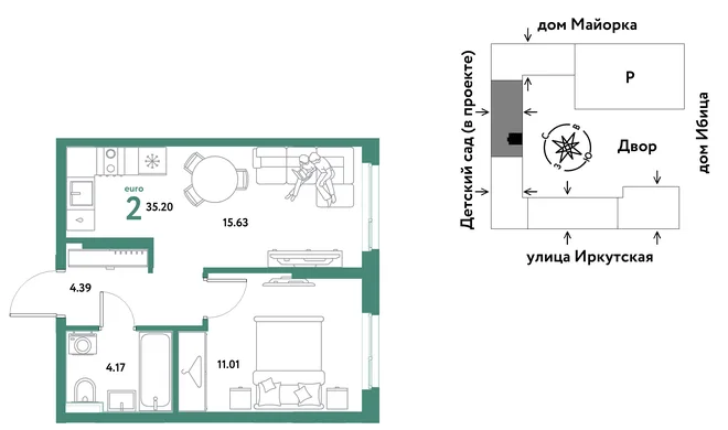 Планировка 2-комн. квартира, 35.2 м² ЖК «Остров-сад» Планировка 2-комн. квартира, 35.2 м² ЖК «Остров-сад»