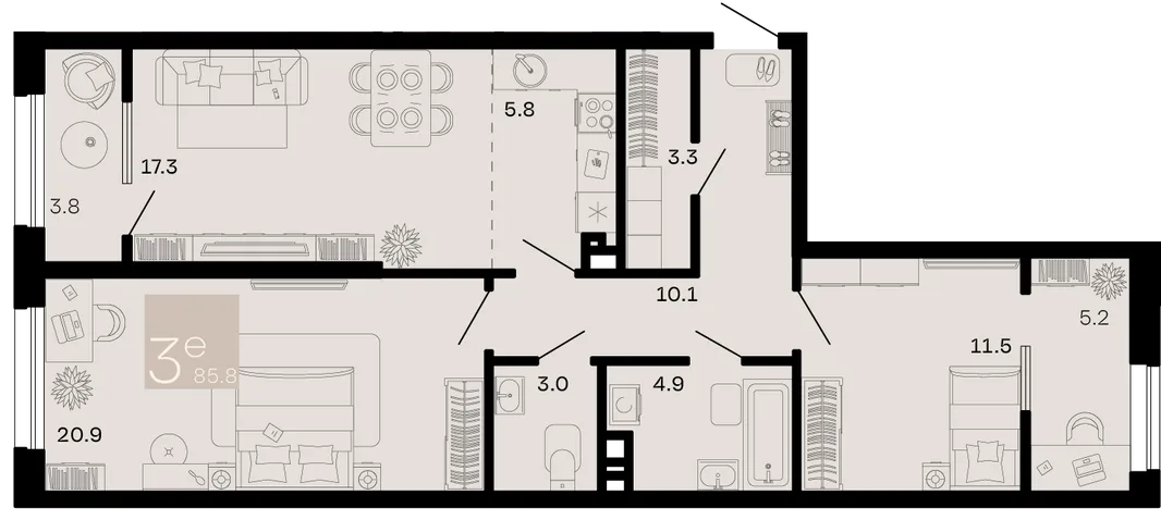 Планировка 3-комн. квартира, 85.8 м² ЖК «Хозяин морей»