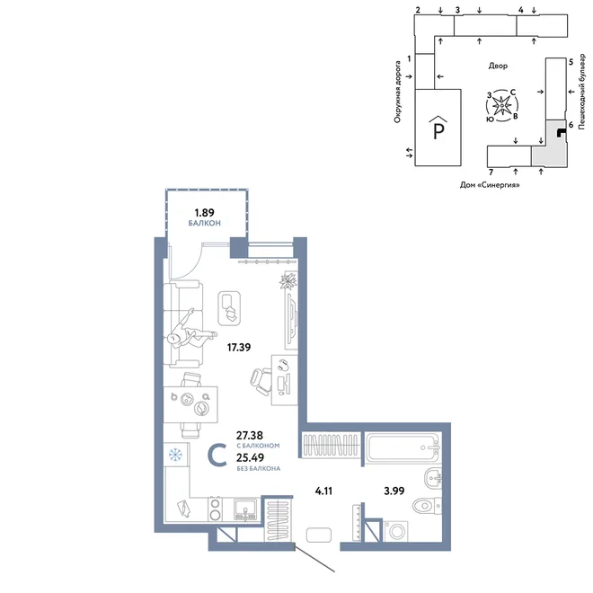 Планировка Студия, 27.38 м² ЖК «Юнион» Планировка Студия, 27.38 м² ЖК «Юнион»