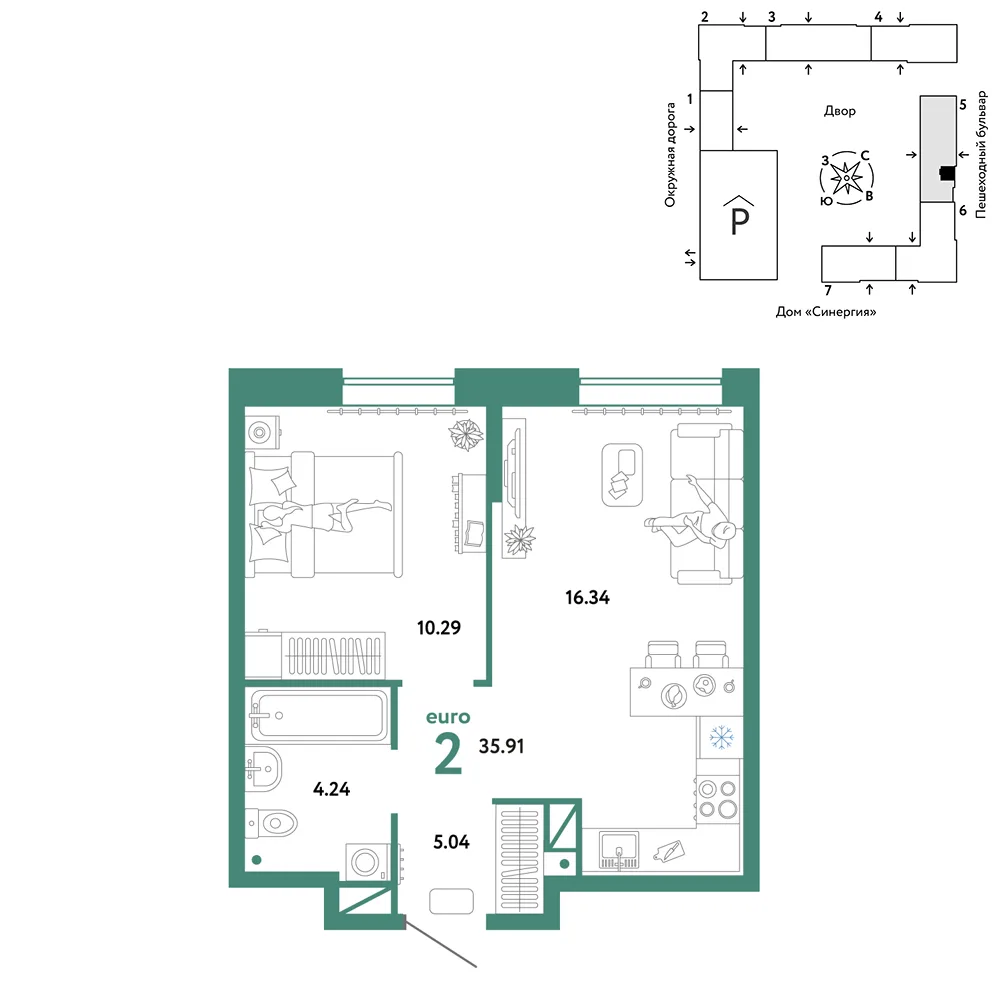 Планировка 2-комн. квартира, 35.91 м² ЖК «Юнион»