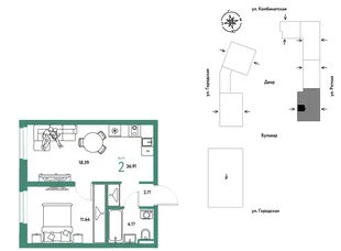 Планировка 2-комн. квартира, 36.91 м² ЖК «Уральский сад»