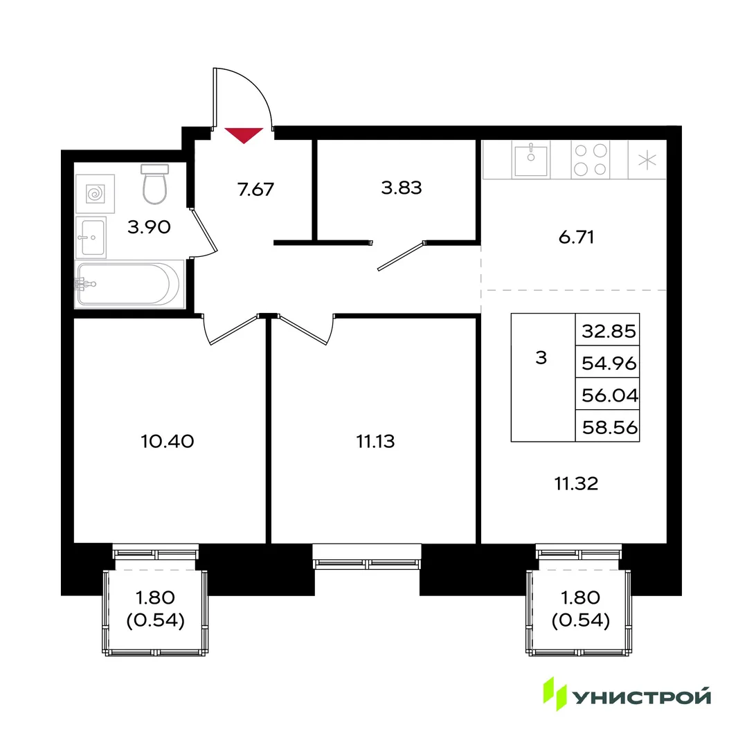 Планировка 3-комн. квартира, 56.04 м² ЖК «Уникум на Энгельса»