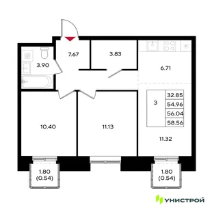 Планировка 3-комн. квартира, 56.04 м² ЖК «Уникум на Энгельса»