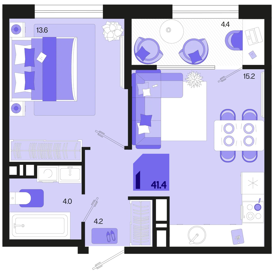 Планировка 1-комн. квартира, 41.4 м² ЖК «Первое место»