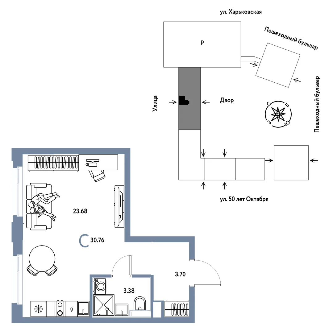 Планировка Студия, 30.76 м² ЖК «Сердце Сибири»