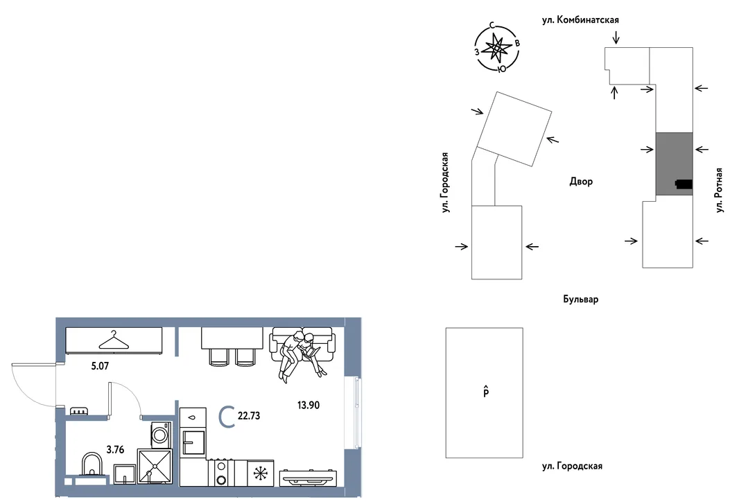 Планировка Студия, 22.73 м² ЖК «Уральский сад»