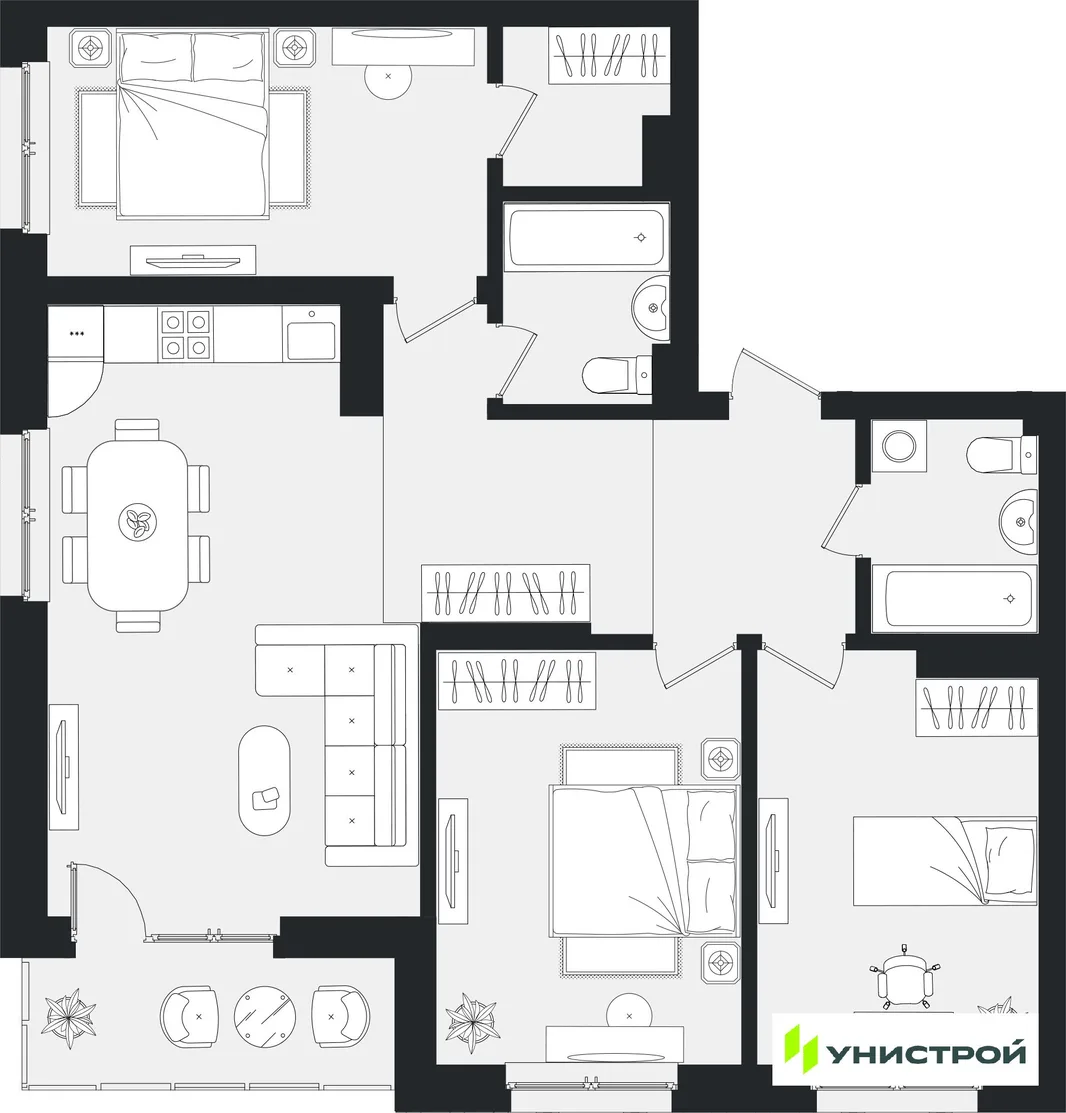 Планировка 3-комн. квартира, 93.47 м² ЖК «Уникум на Ленинском»