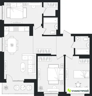 Планировка 3-комн. квартира, 93.47 м² ЖК «Уникум на Ленинском»