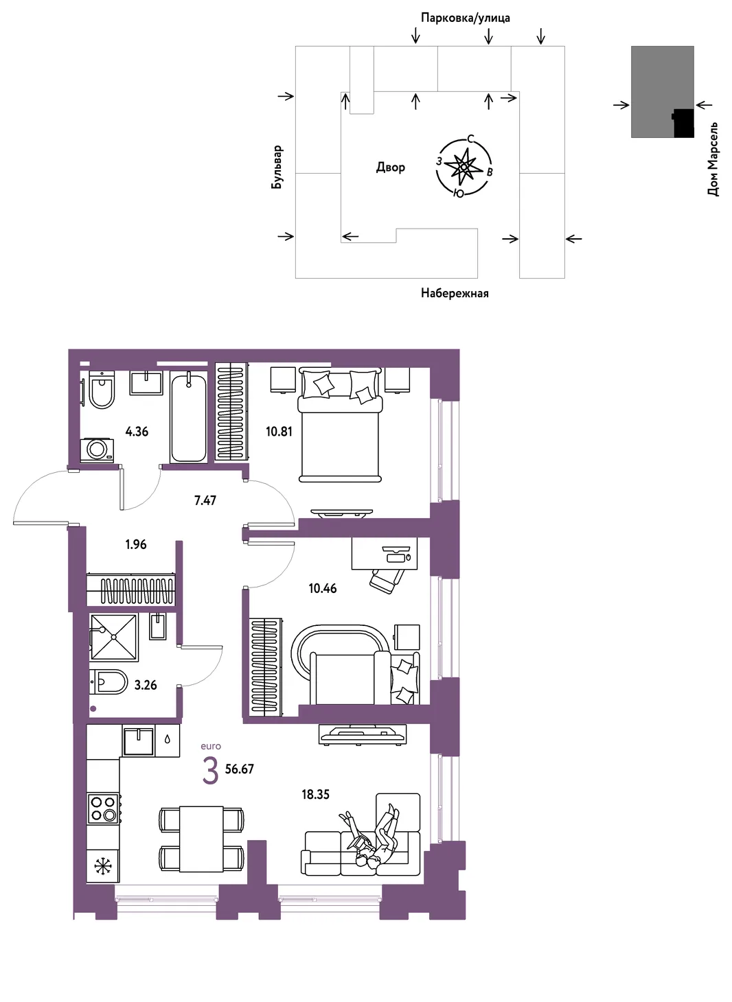 Планировка 3-комн. квартира, 56.67 м² ЖК «Европейский берег 2.0»