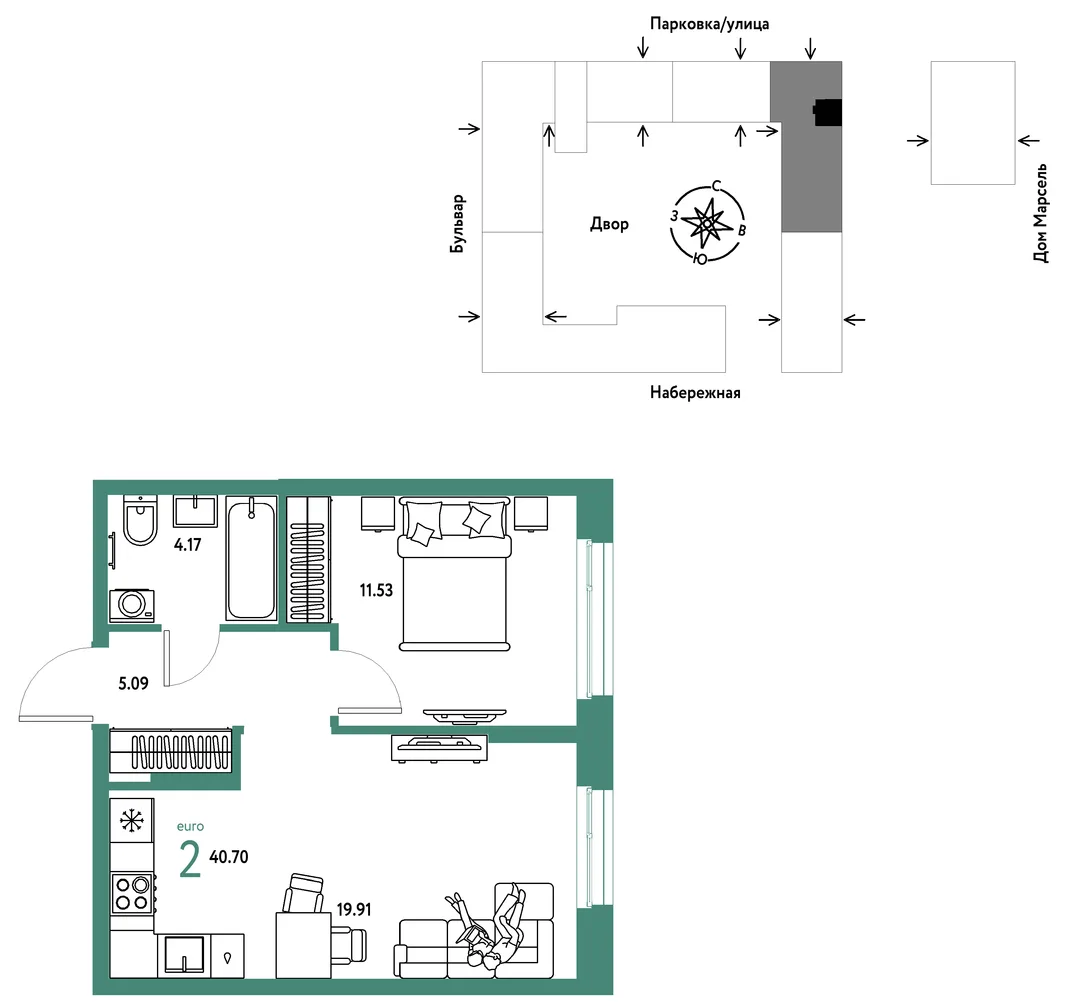 Планировка 2-комн. квартира, 40.7 м² ЖК «Европейский берег 2.0»