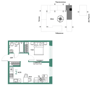 Планировка 2-комн. квартира, 40.7 м² ЖК «Европейский берег 2.0»