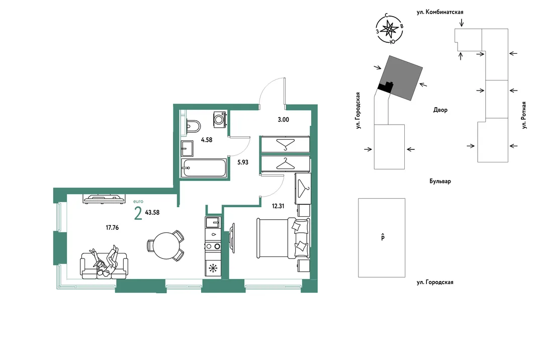 Планировка 2-комн. квартира, 43.58 м² ЖК «Уральский сад»