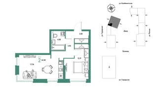 Планировка 2-комн. квартира, 43.58 м² ЖК «Уральский сад»