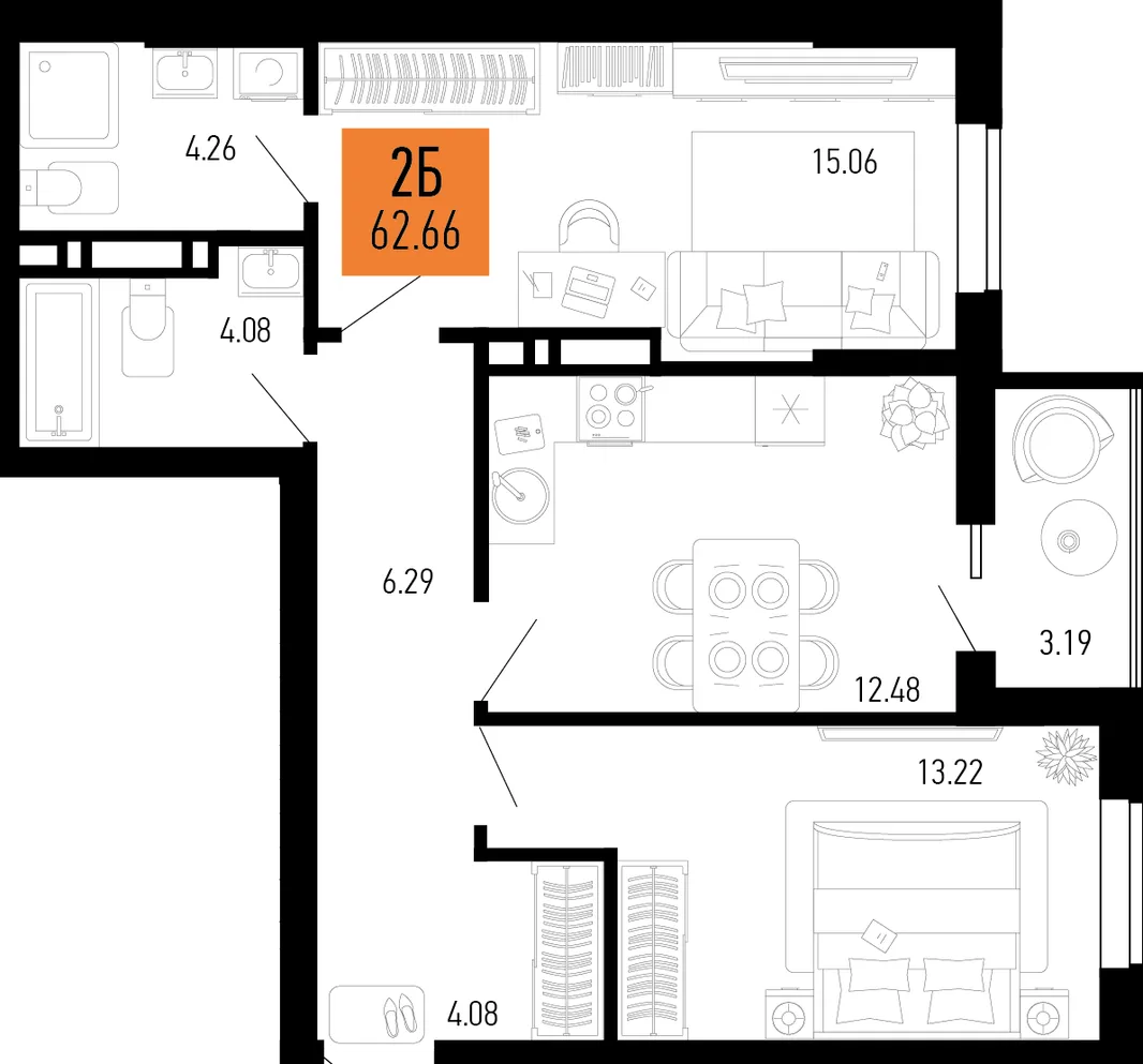Планировка 2-комн. квартира, 62.66 м² ЖК «Столицыно»