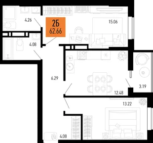 Планировка 2-комн. квартира, 62.66 м² ЖК «Столицыно»