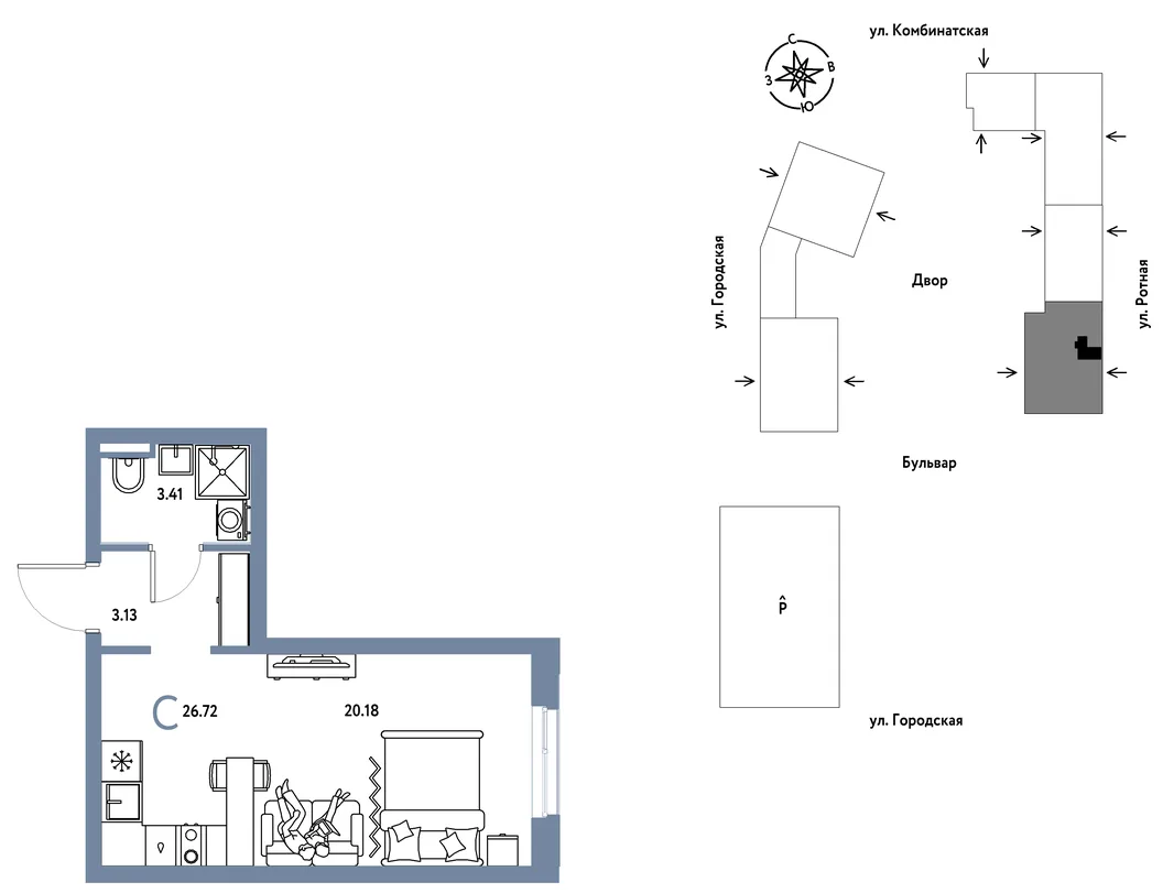 Планировка Студия, 26.72 м² ЖК «Уральский сад»