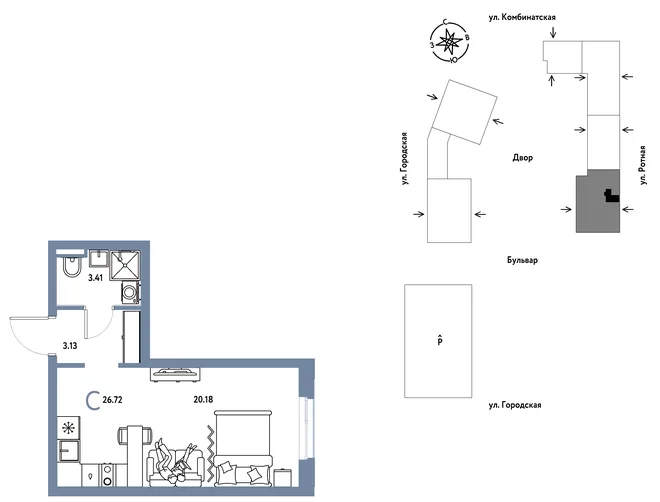 Планировка Студия, 26.72 м² ЖК «Уральский сад» Планировка Студия, 26.72 м² ЖК «Уральский сад»