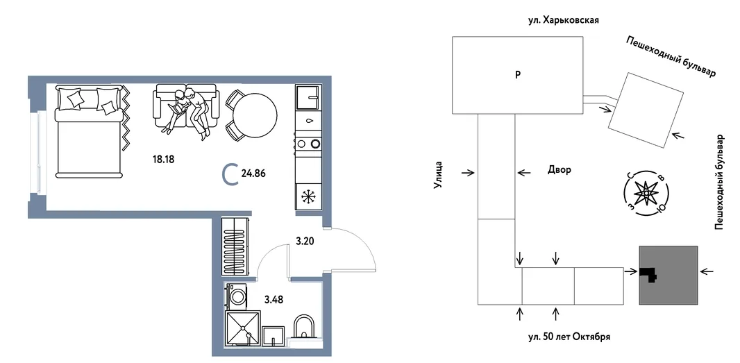 Планировка Студия, 24.86 м² ЖК «Сердце Сибири»