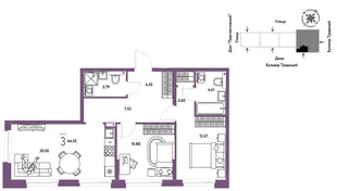 Планировка 3-комн. квартира, 64.64 м² ЖК «Микрорайон Домашний»