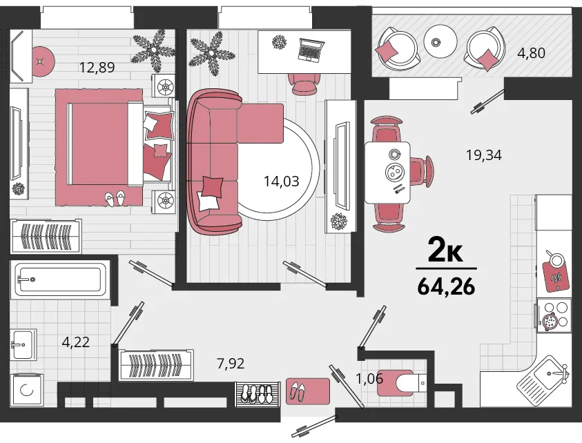 Планировка 2-комн. квартира, 64.26 м² ЖК «Родные просторы»