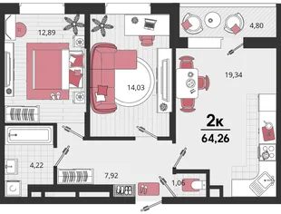 Планировка 2-комн. квартира, 64.26 м² ЖК «Родные просторы»