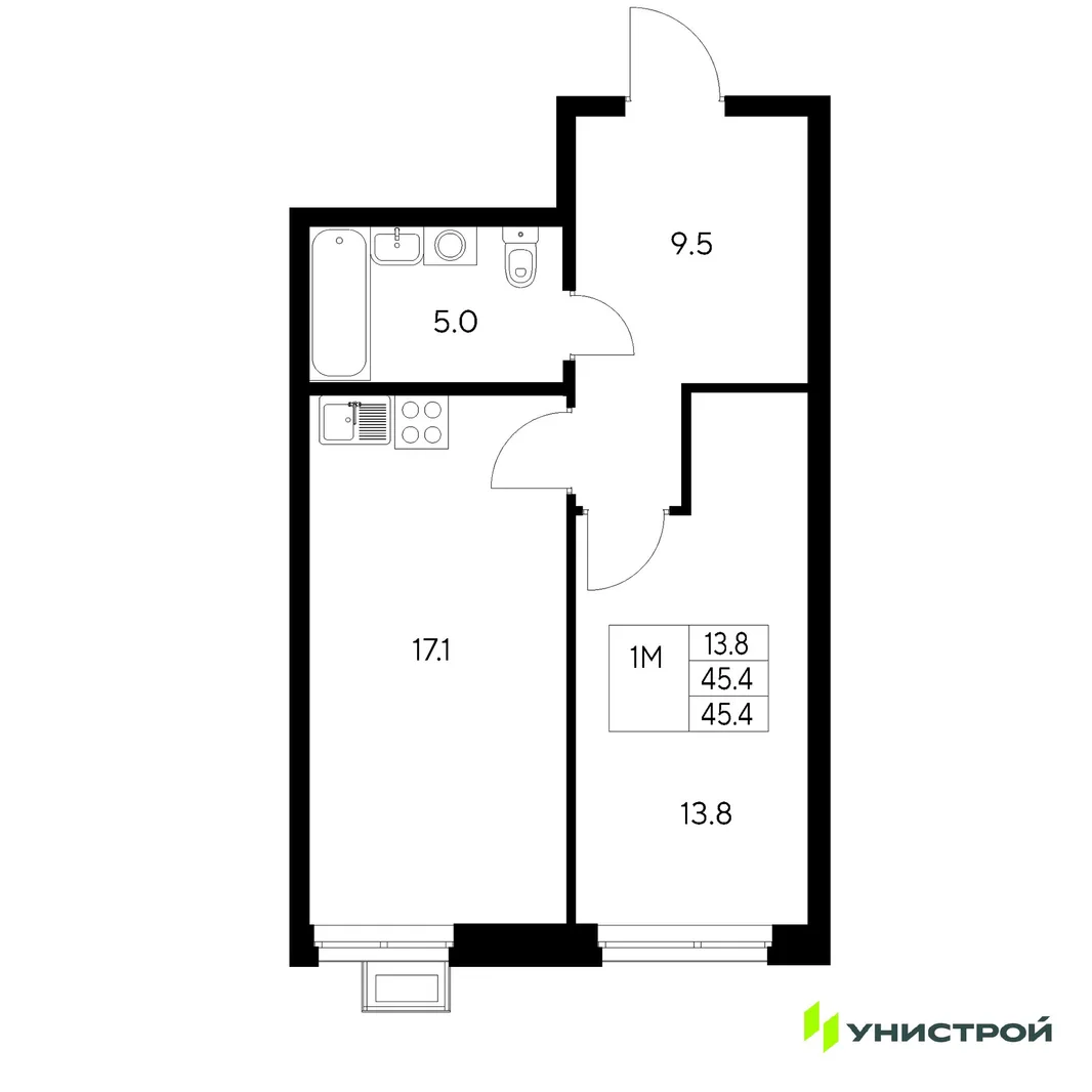 Планировка 1-комн. квартира, 45.4 м² ЖК «Стадиум»