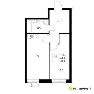 Планировка 1-комн. квартира, 45.4 м² ЖК «Стадиум»
