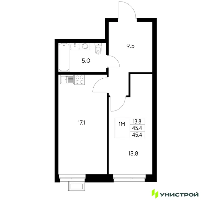 Планировка 1-комн. квартира, 45.4 м² ЖК «Стадиум» Планировка 1-комн. квартира, 45.4 м² ЖК «Стадиум»