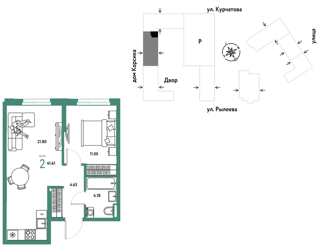 Планировка 2-комн. квартира, 41.6 м² ЖК «Остров-сад»