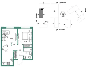 Планировка 2-комн. квартира, 41.6 м² ЖК «Остров-сад»