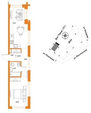 Планировка 1-комн. квартира, 42.41 м² ЖК «Страна.Парковая»