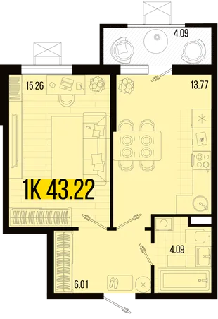 Планировка 1-комн. квартира, 41.18 м² ЖК «Цветной бульвар»