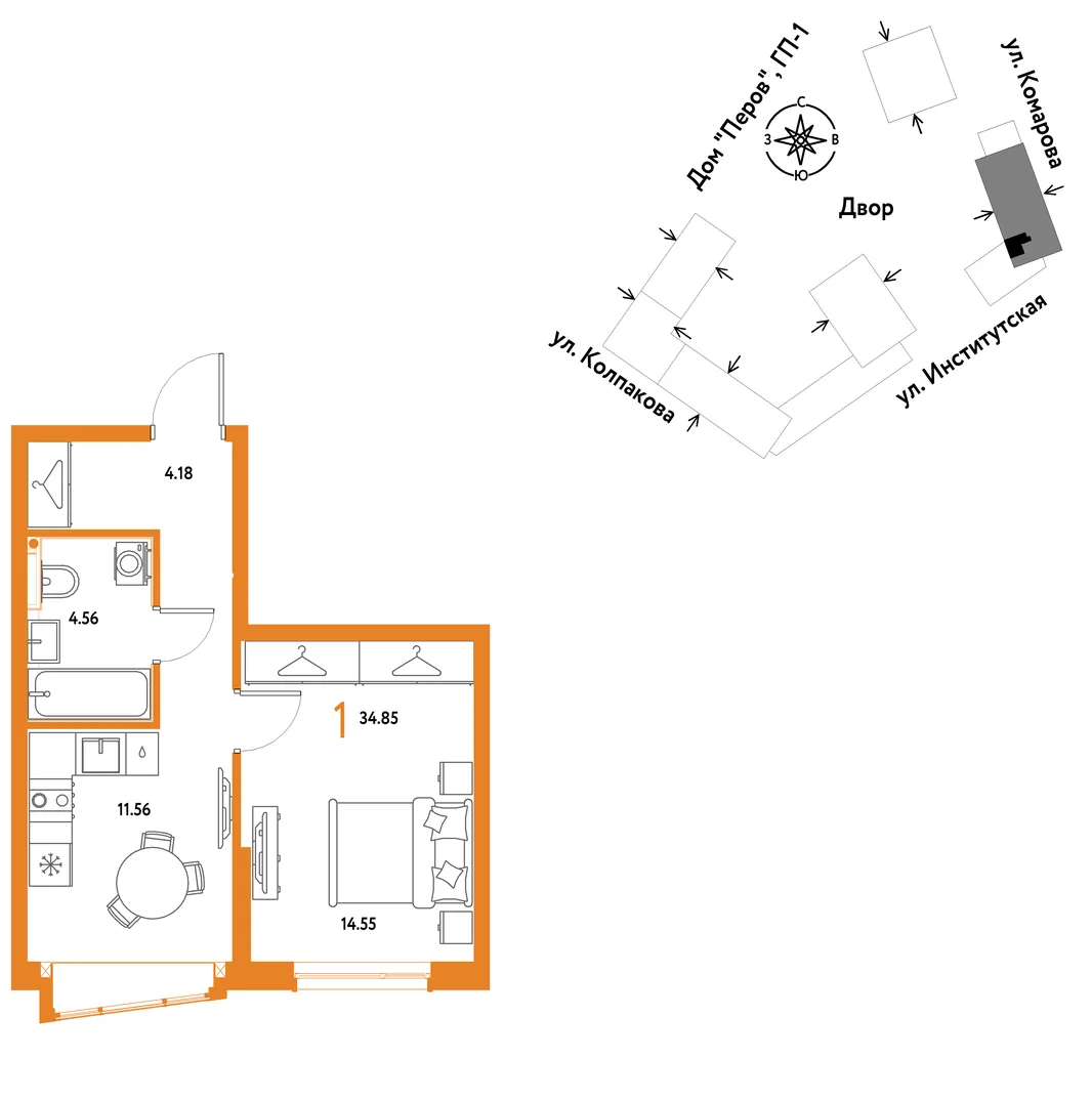 Планировка 1-комн. квартира, 34.85 м² ЖК «Страна.Парковая»