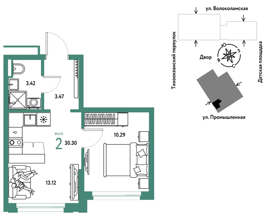 Планировка 2-комн. квартира, 30.3 м² ЖК «Страна Прибрежная»