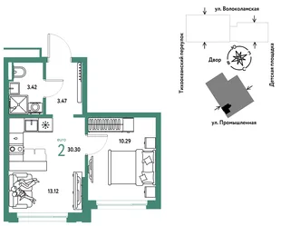 Планировка 2-комн. квартира, 30.3 м² ЖК «Страна Прибрежная»