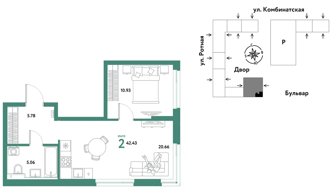 Планировка 2-комн. квартира, 42.22 м² ЖК «Уральский сад»