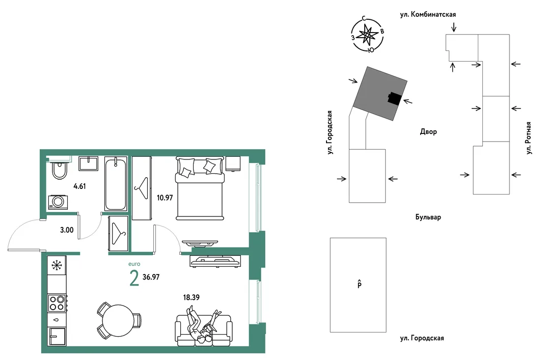 Планировка 2-комн. квартира, 36.97 м² ЖК «Уральский сад»