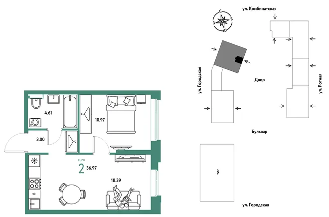 Планировка 2-комн. квартира, 36.97 м² ЖК «Уральский сад» Планировка 2-комн. квартира, 36.97 м² ЖК «Уральский сад»