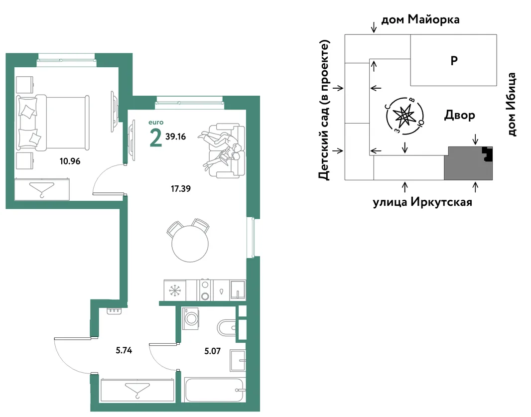 Планировка 2-комн. квартира, 39.16 м² ЖК «Остров-сад»