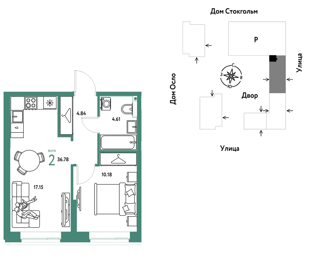 Планировка 2-комн. квартира, 36.78 м² ЖК «Европейский берег 2.0»