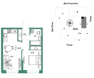 Планировка 2-комн. квартира, 36.78 м² ЖК «Европейский берег 2.0»