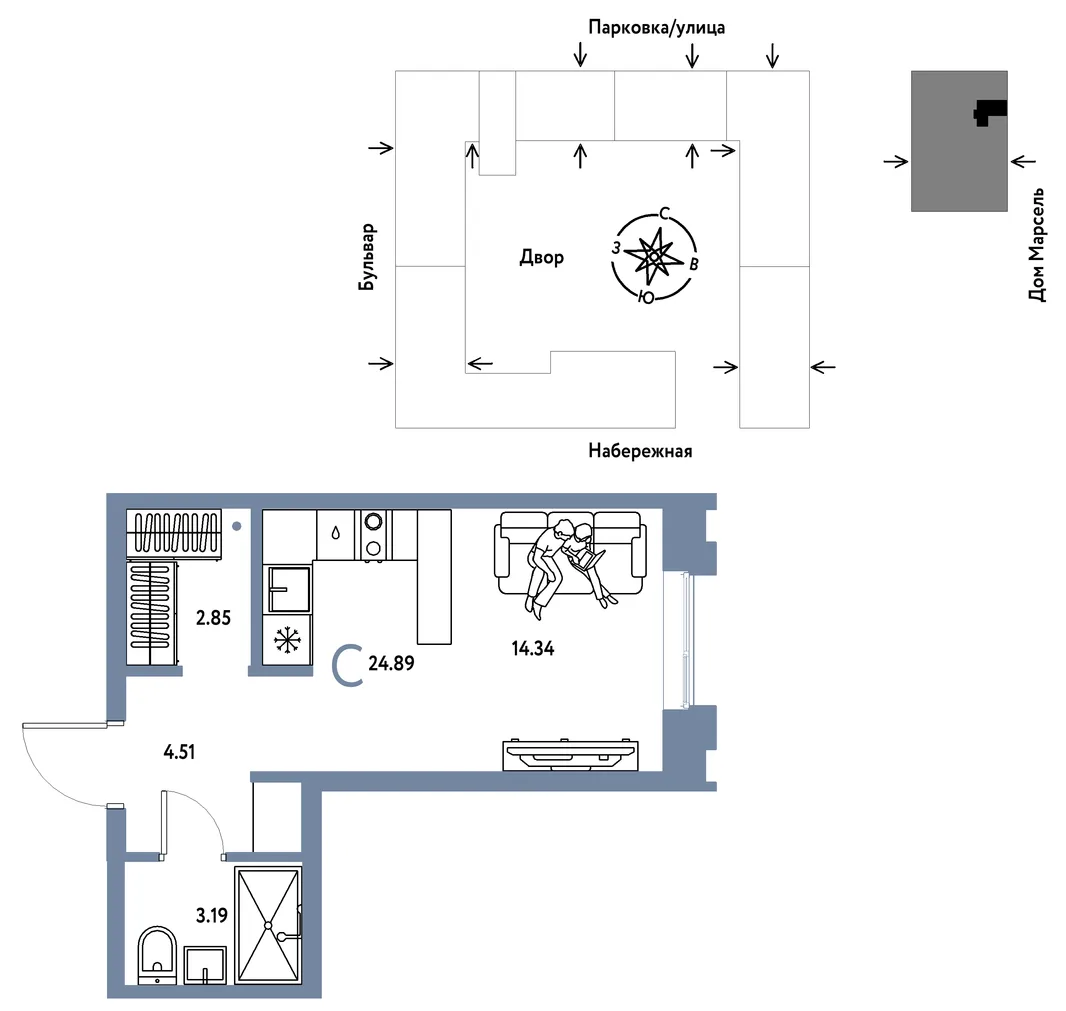 Планировка Студия, 24.89 м² ЖК «Европейский берег 2.0»