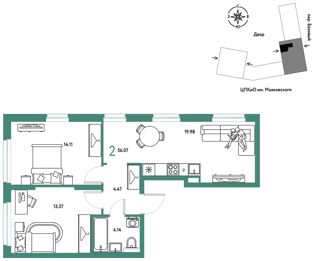 Планировка 2-комн. квартира, 56.07 м² ЖК «Сибирский сад»