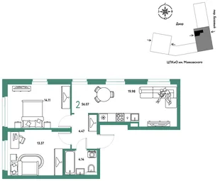 Планировка 2-комн. квартира, 56.07 м² ЖК «Сибирский сад»