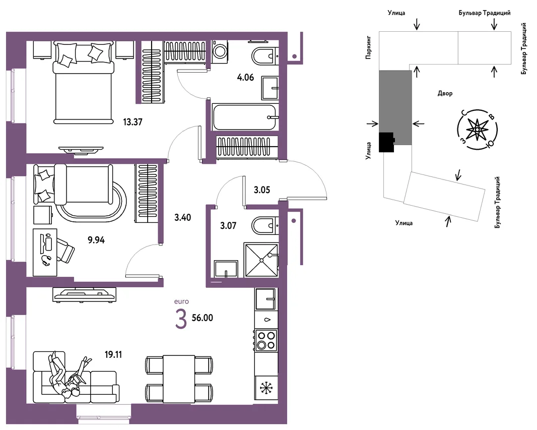 Планировка 3-комн. квартира, 56 м² ЖК «Микрорайон Домашний»