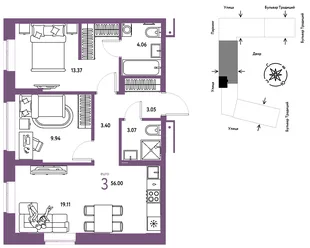 Планировка 3-комн. квартира, 56 м² ЖК «Микрорайон Домашний»