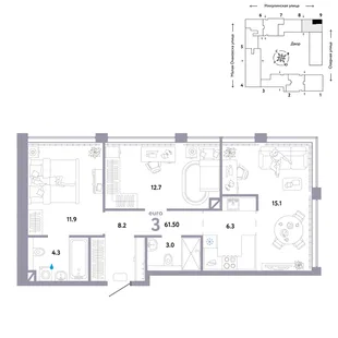 Планировка 3-комн. квартира, 61.5 м² ЖК «Страна.Озёрная»